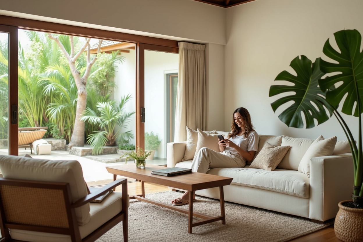 Person ordering laundry online from a Bali villa